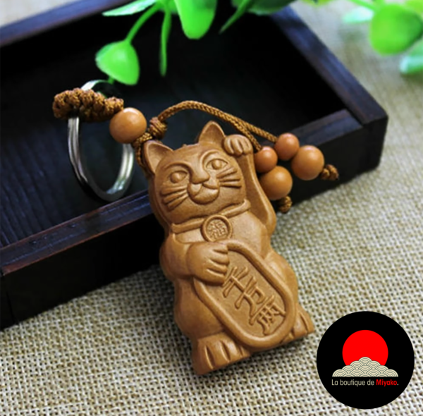 Porte-clés-Maneki-Neko-Bois-key-ring-chat-cat-porte-bonheur-japon-japonais-wood