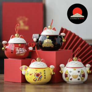 Pot à thé Maneki Neko_gateaux-Maneki_neko-rouge-noir-jaune-porcelaine-ceramique-porte-bonheur-japon-la-boutique-de-miyako-