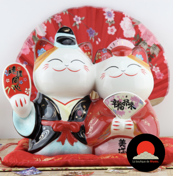 Couple de Maneki Neko-chat-tirelire_coinslot-Maneki_neko-rouge-noir-jaune-porcelaine-ceramique-porte-bonheur-japon-la-boutique-de-miyako-